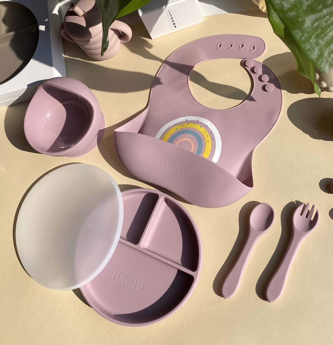 Set pappa svezzamento rosa con posate per bambini piatto con coperchio e ciotola con ventosa