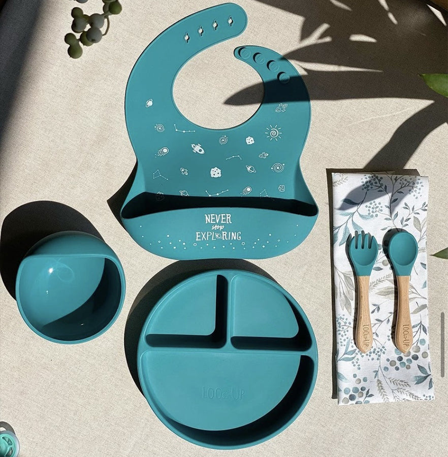 Set Pappa Svezzamento Per Bambini, 6 Pezzi Silicone Piatto Con Ventosa Ciotola, Tazza,Cucchiaio E Forchetta, Bavaglino Silicone, Antiscivolo Senza - Foto 4